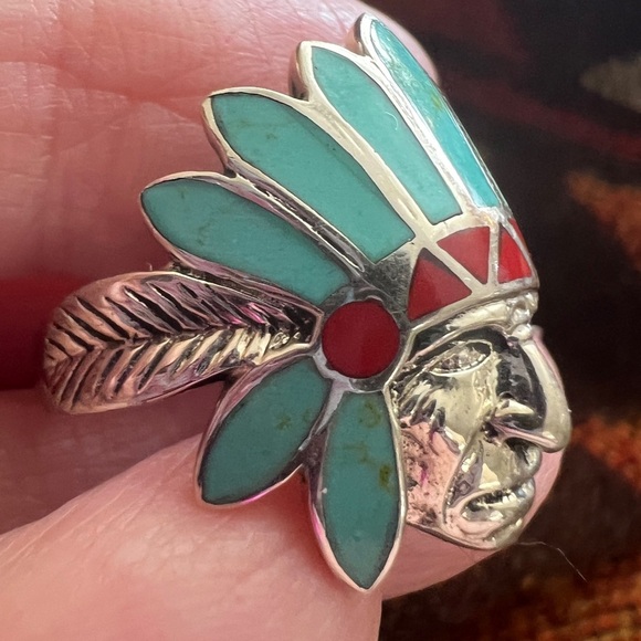 ❤️ Zuni Chief Inlaid Sterling Silver Southwestern Size 8.5 Ring 6.6gm - Picture 3 of 14
